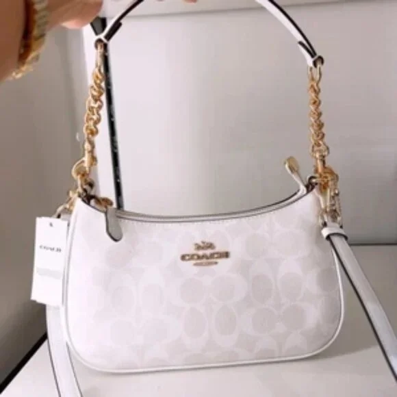 Coach White Signature Jacquard Shoulder Bag with Gold Hardware - Picture 3 of 5